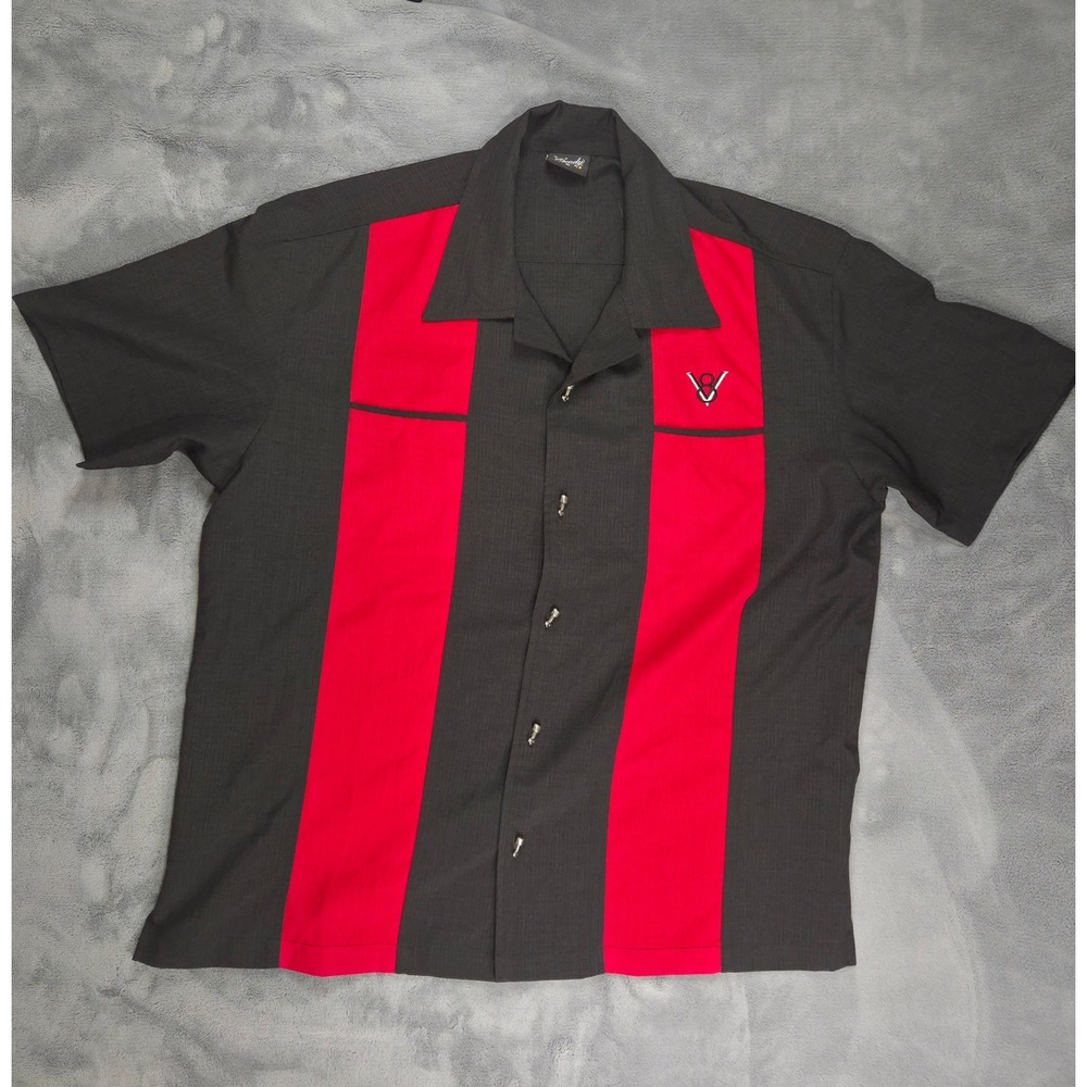 Steady Clothing Mens Bowling Shirt Medium Black Red V8 Piston Buttons Polyester